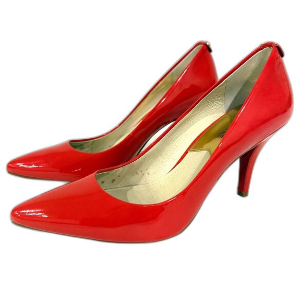 MICHAEL KORS Coral Red Patent Leather Pointed Toe Kitten Heel Pumps Size 8 - Picture 2 of 9